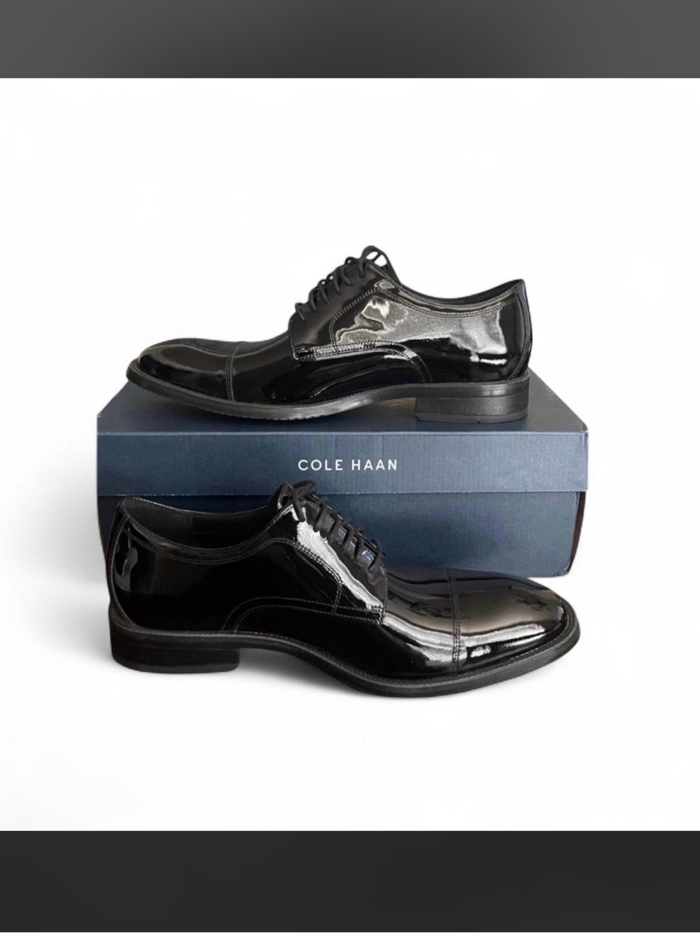 Cole Haan Black Patent Leather Cap-Toe Oxfords
